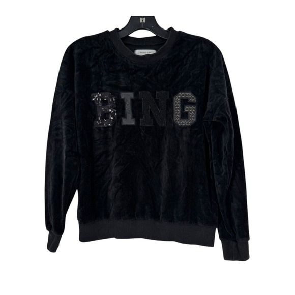 Anine Bing Tops - Anine Bing Women's Black Velour Embroidered Logo Long Sleeve Sweatshirt Small